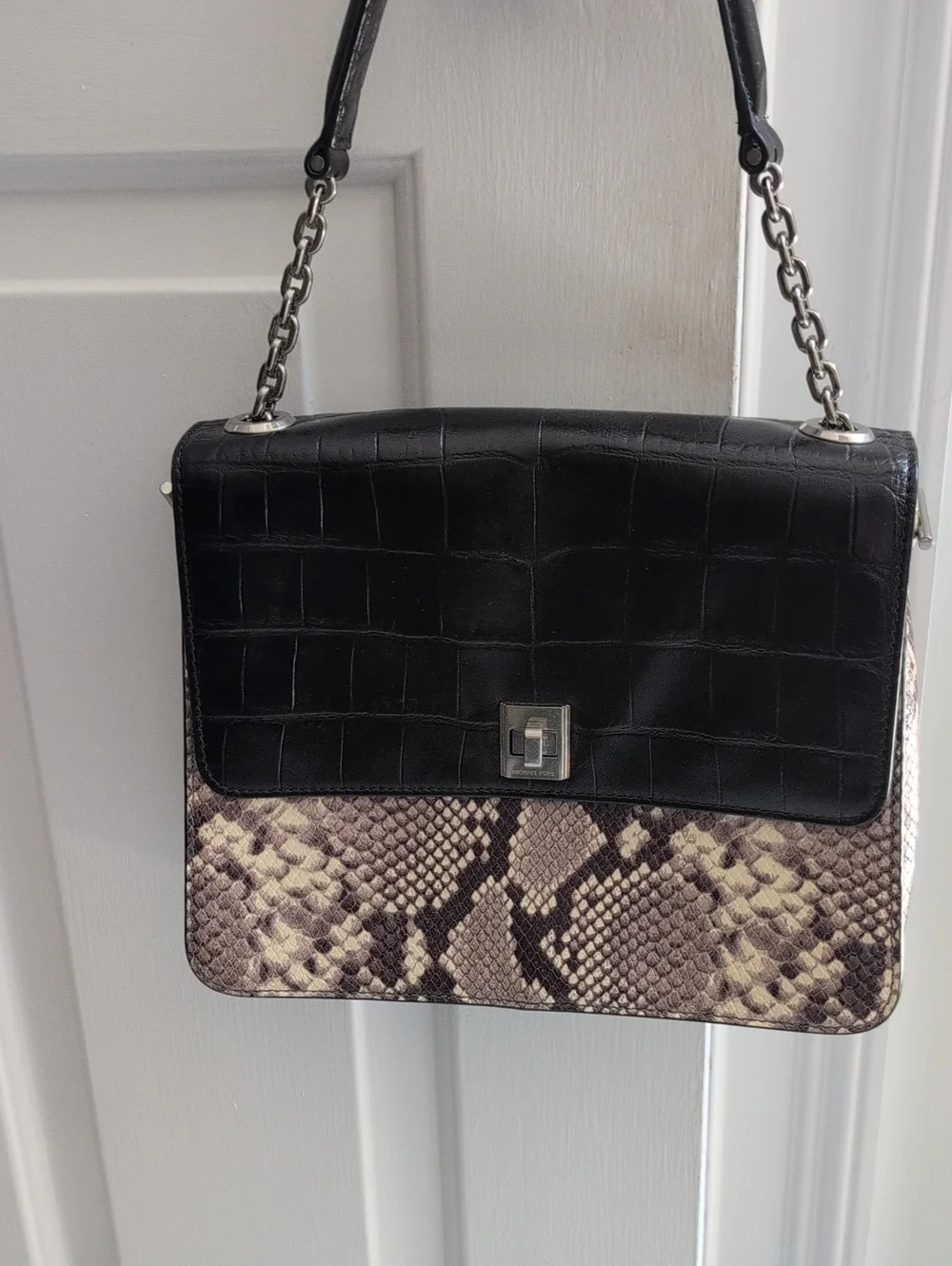 Michael Kors Black Croc Embossed Leather Flap Shoulder Bag with Snake-Print Body